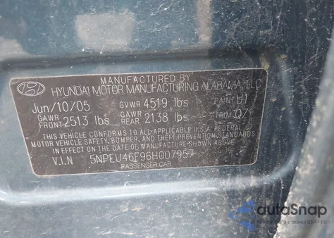 2006 Hyundai Sonata Gls V6/Lx V6 from USA, damaged, VIN 5NPEU46F96H007957